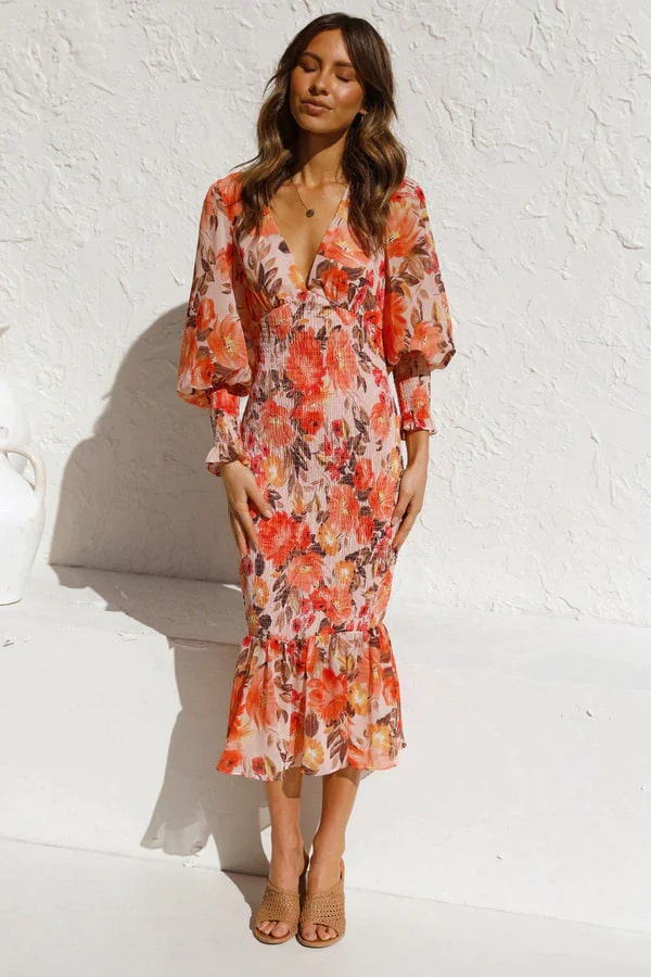 Ysa | Incantevole abito midi con splendida stampa floreale e eleganti maniche a sbuffo