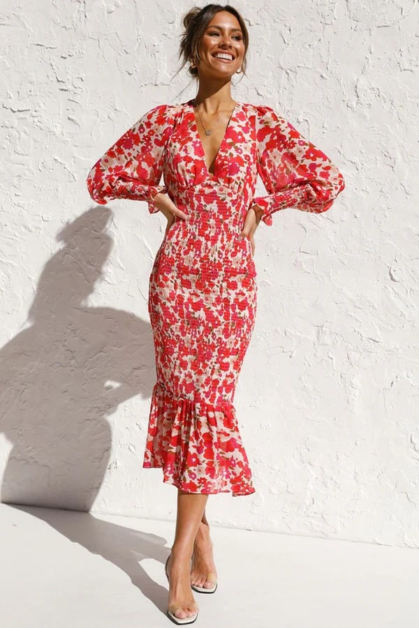Ysa | Incantevole abito midi con splendida stampa floreale e eleganti maniche a sbuffo