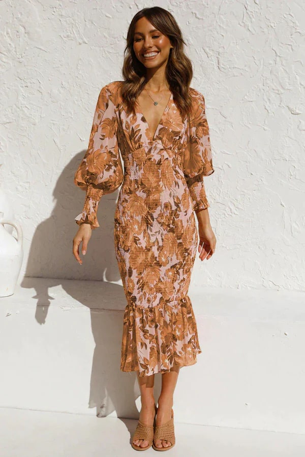 Ysa | Incantevole abito midi con splendida stampa floreale e eleganti maniche a sbuffo