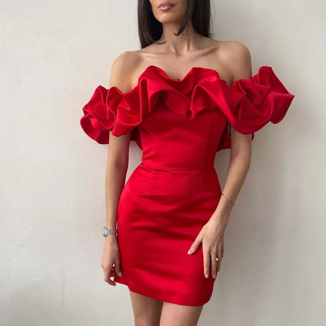 Estelle - Abito in Raso Off-Shoulder Elegante per un Look Raffinato