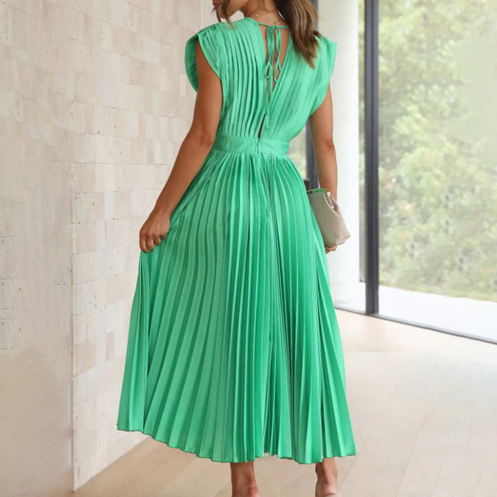 Xava | Abito Plissettato Elegante per le Serate - Scollatura a V, Plissettato, Schiena Scoperta in Champagne, Nero, Oro Rosa e Argento