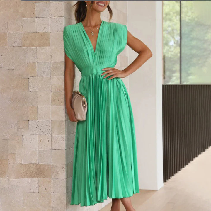 Xava | Abito Plissettato Elegante per le Serate - Scollatura a V, Plissettato, Schiena Scoperta in Champagne, Nero, Oro Rosa e Argento