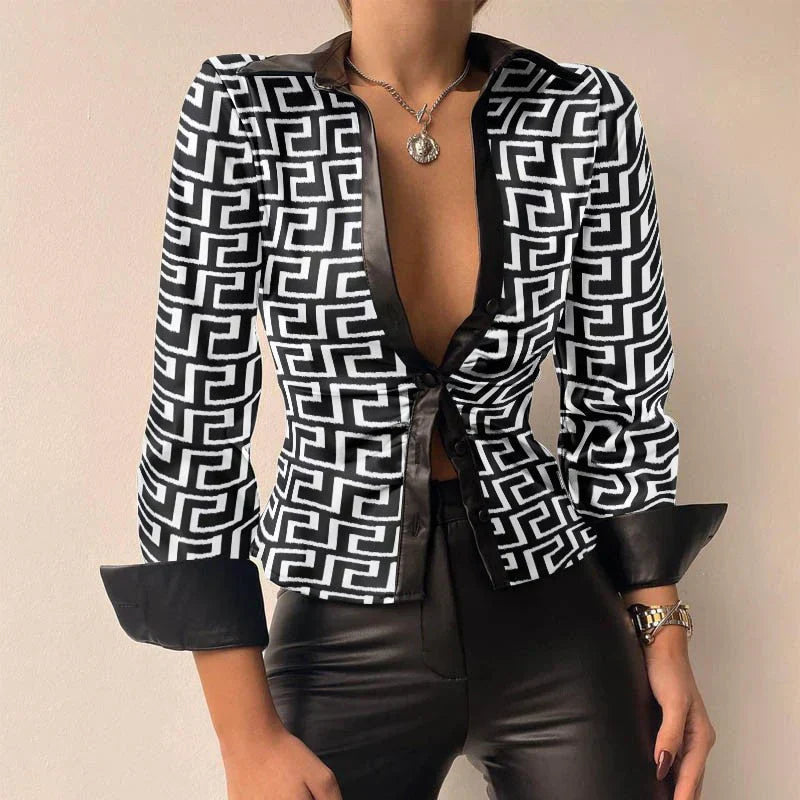 Elegante camicia da donna a maniche lunghe slim fit con elegante chiusura a bottone