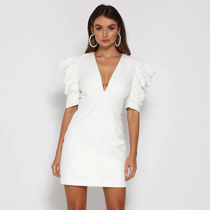 Daleyza - Elegante Jurk met Schattige Pofmouwen en V-hals in Stralend Wit
