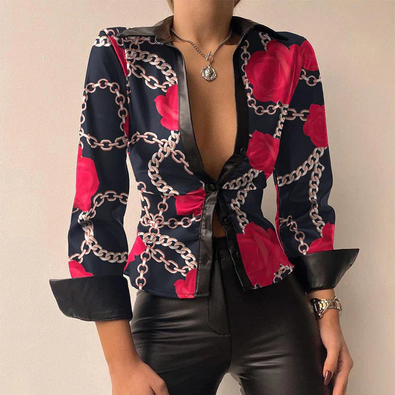 Elegante camicia da donna a maniche lunghe slim fit con elegante chiusura a bottone