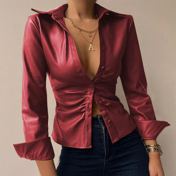 Elegante camicia da donna a maniche lunghe slim fit con elegante chiusura a bottone
