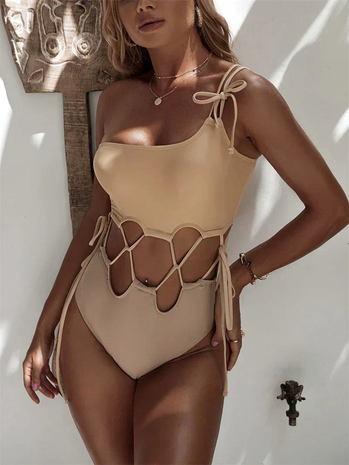 Cammie | Badpak chic beige tagliato con dettagli trendy per un look elegante e slanciato