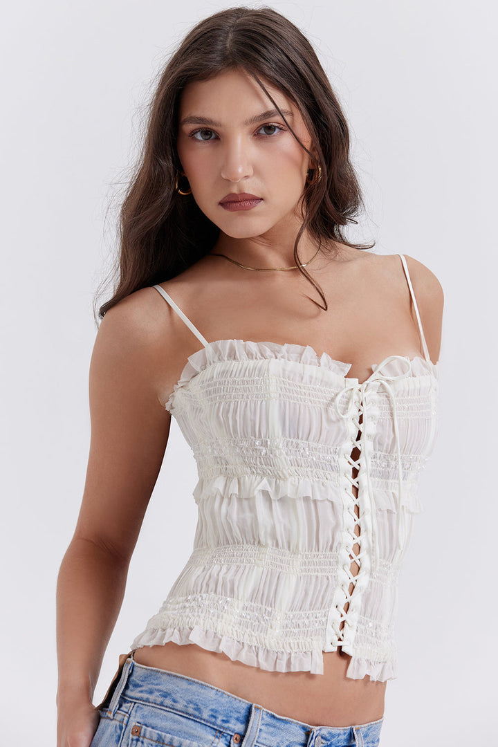 <html>Prachtoso Corsetto Avorio Decorato con Paillettes Brillanti</html>