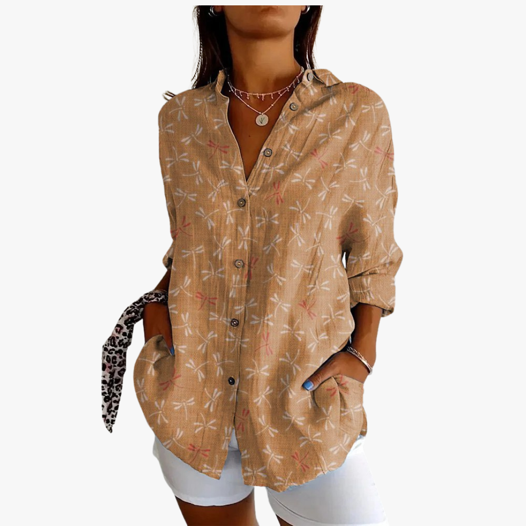 Elegante camicetta da donna in lino con ricami eleganti per un look unico e alla moda