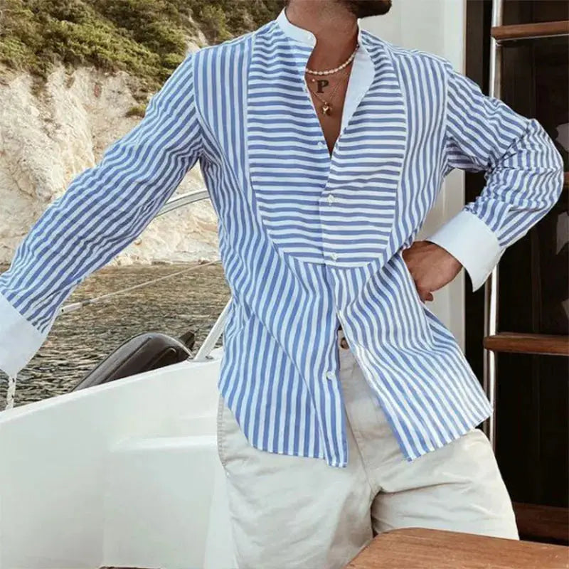 Elegante camicia da uomo a maniche lunghe con motivo a righe alla moda - senza colletto
