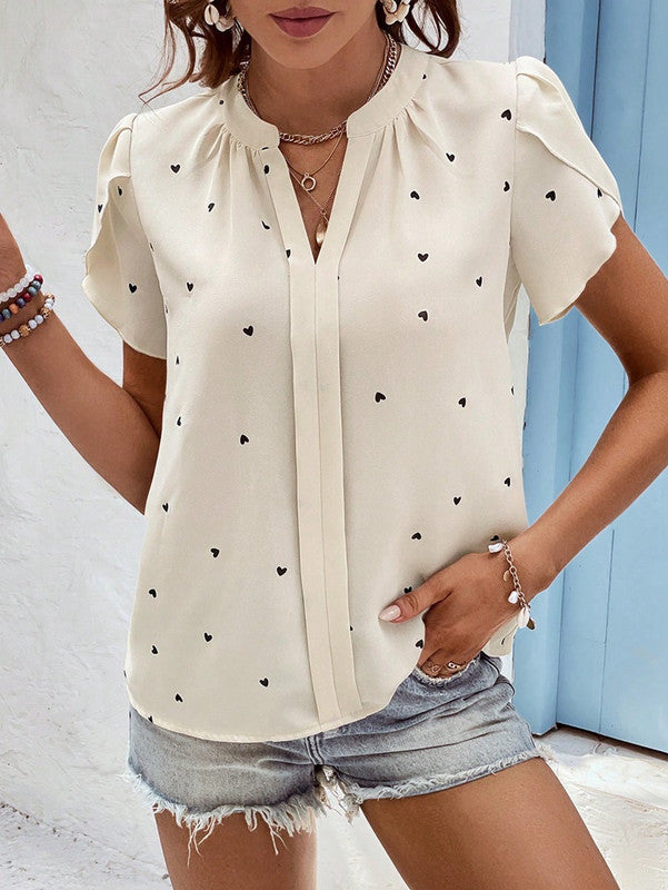 Luna - Elegante Blouse met Schattige Hartjesprint en V-Hals