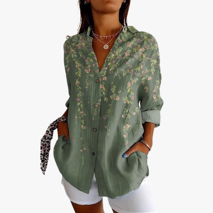 Elegante camicetta da donna in lino con ricami eleganti per un look unico e alla moda