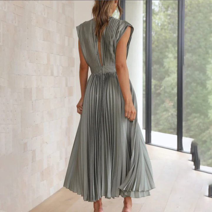 Xava | Abito Plissettato Elegante per le Serate - Scollatura a V, Plissettato, Schiena Scoperta in Champagne, Nero, Oro Rosa e Argento