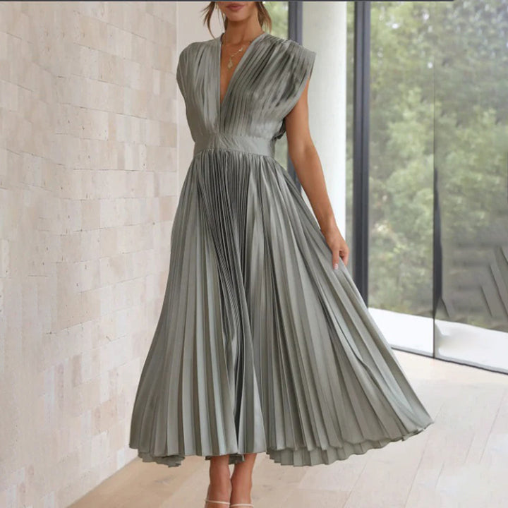 Xava | Abito Plissettato Elegante per le Serate - Scollatura a V, Plissettato, Schiena Scoperta in Champagne, Nero, Oro Rosa e Argento