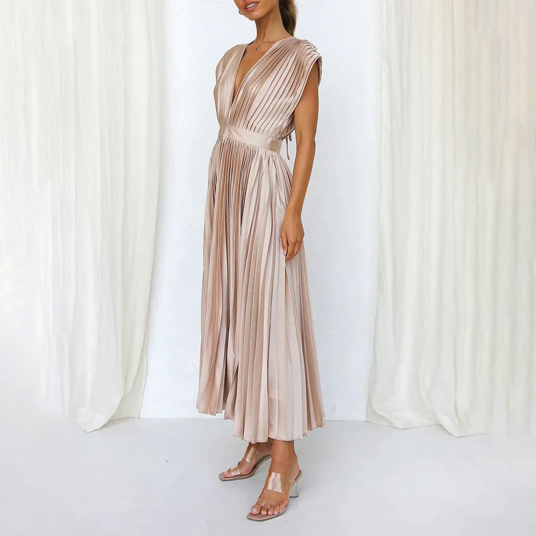 Xava | Abito Plissettato Elegante per le Serate - Scollatura a V, Plissettato, Schiena Scoperta in Champagne, Nero, Oro Rosa e Argento