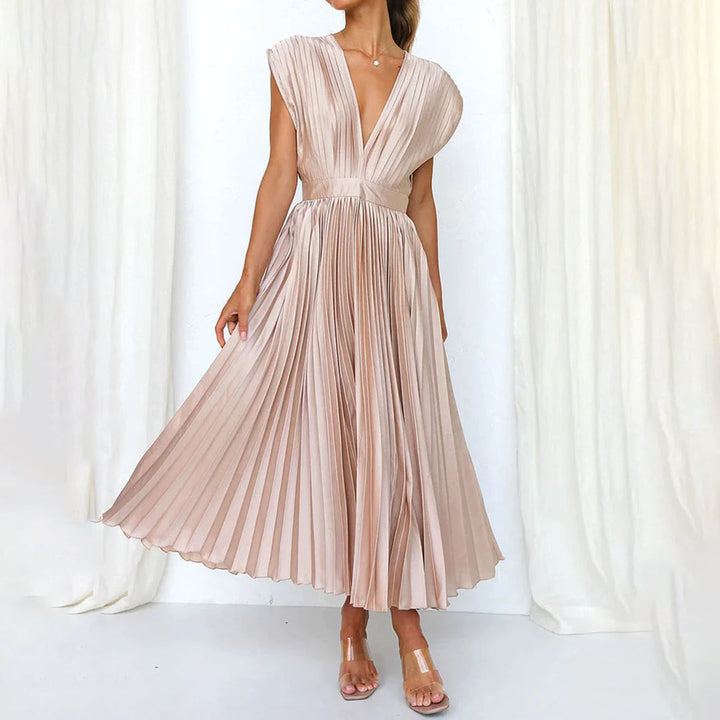 Xava | Abito Plissettato Elegante per le Serate - Scollatura a V, Plissettato, Schiena Scoperta in Champagne, Nero, Oro Rosa e Argento