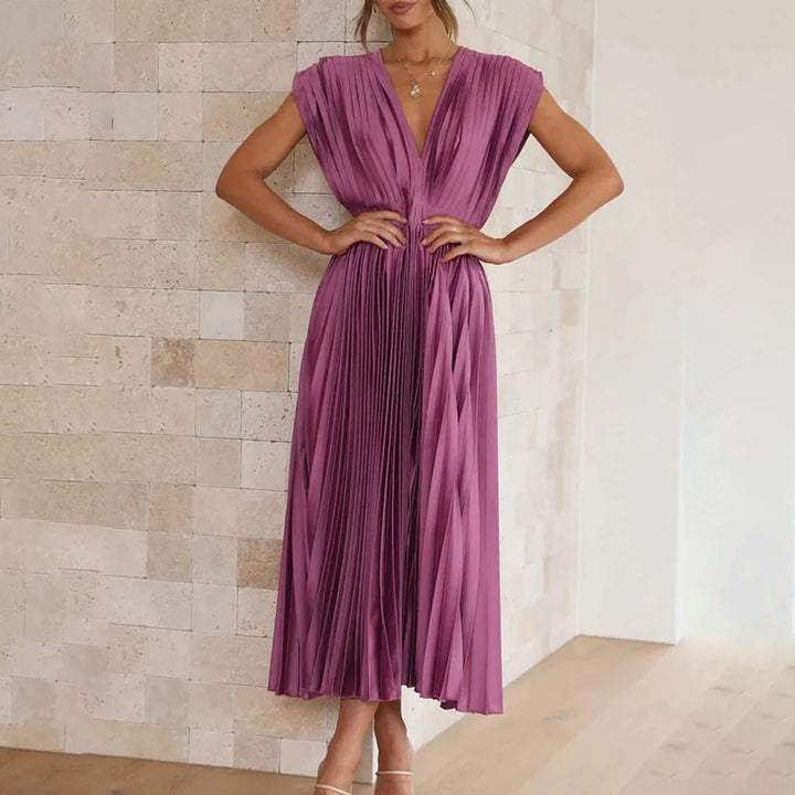 Xava | Abito Plissettato Elegante per le Serate - Scollatura a V, Plissettato, Schiena Scoperta in Champagne, Nero, Oro Rosa e Argento