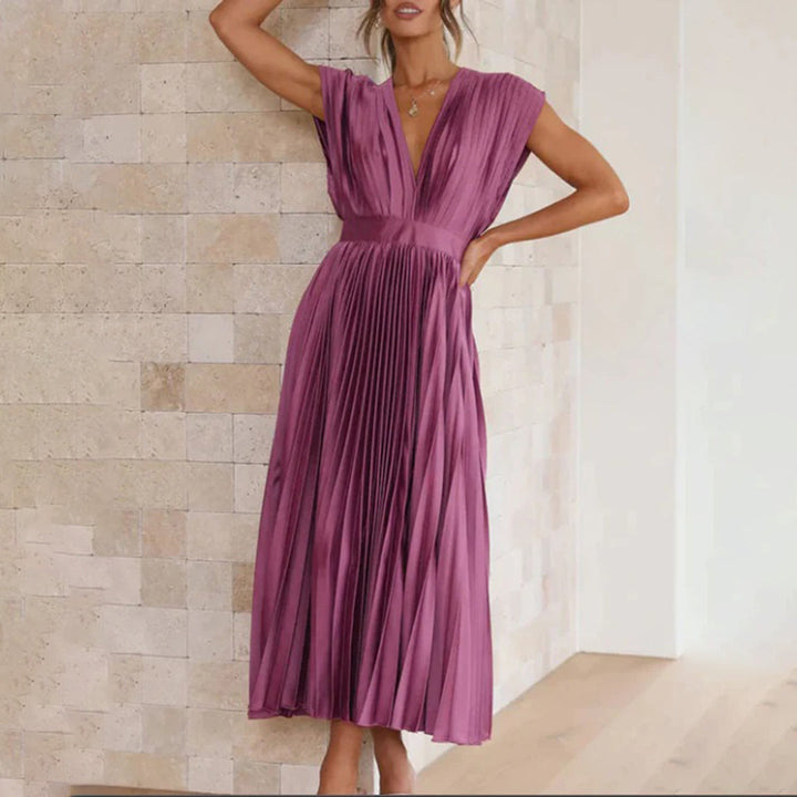 Xava | Abito Plissettato Elegante per le Serate - Scollatura a V, Plissettato, Schiena Scoperta in Champagne, Nero, Oro Rosa e Argento