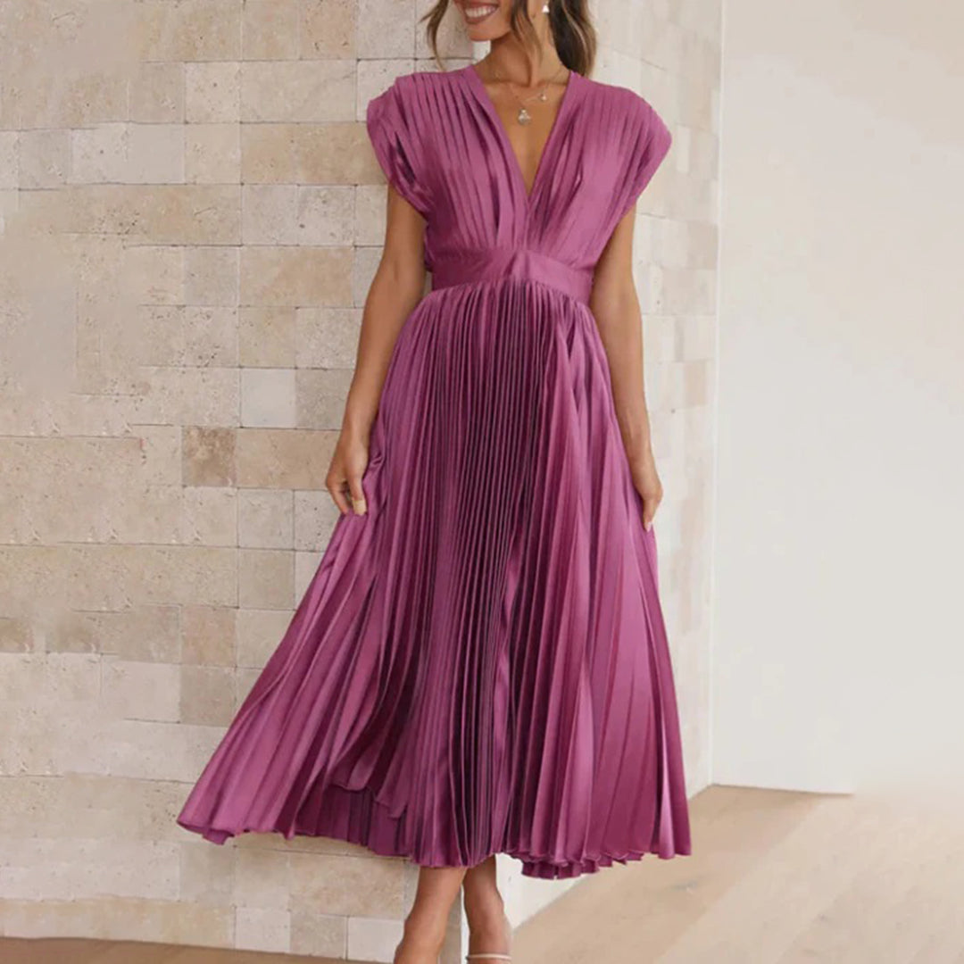 Xava | Abito Plissettato Elegante per le Serate - Scollatura a V, Plissettato, Schiena Scoperta in Champagne, Nero, Oro Rosa e Argento