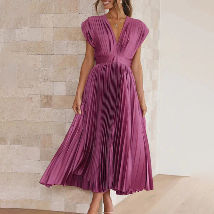 Xava | Abito Plissettato Elegante per le Serate - Scollatura a V, Plissettato, Schiena Scoperta in Champagne, Nero, Oro Rosa e Argento
