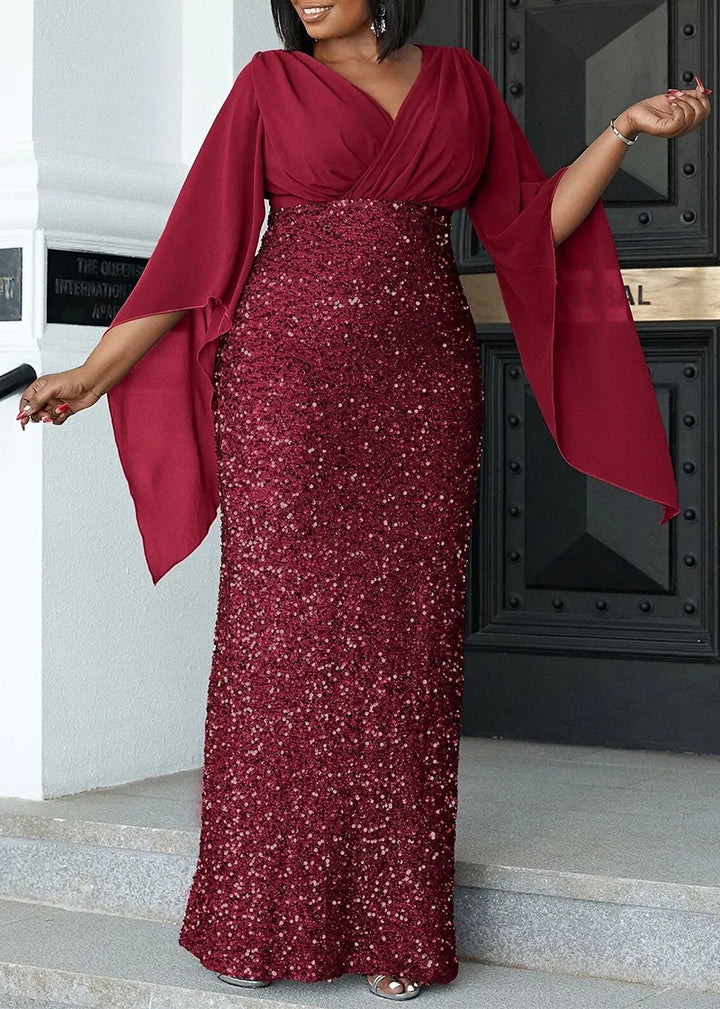 Veda - Elegante maxi jurk met stijlvolle gedrapeerde mouwen en sprankelende lovertjes