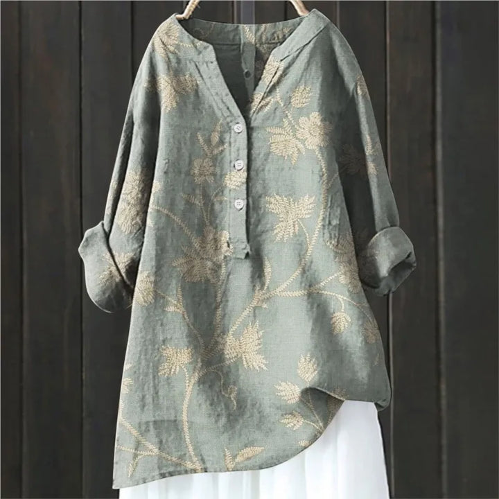 Elegante camicia floreale da donna con mezzo bottone e maniche lunghe - eleganza e fascino femminile