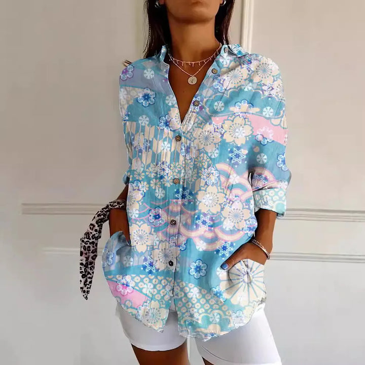 Elegante camicia da donna a maniche lunghe button-down con stampa alla moda