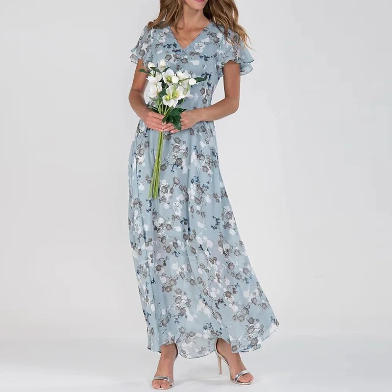 Vesna | Maxi-abito con Stampa Floreale e Seducente V-Scollo