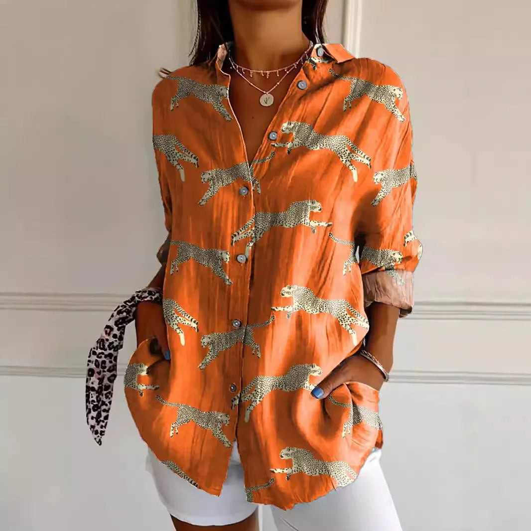 Elegante camicia da donna a maniche lunghe button-down con stampa alla moda