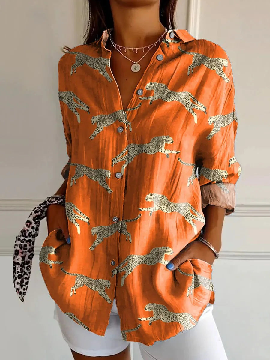 Elegante camicia da donna a maniche lunghe button-down con stampa alla moda