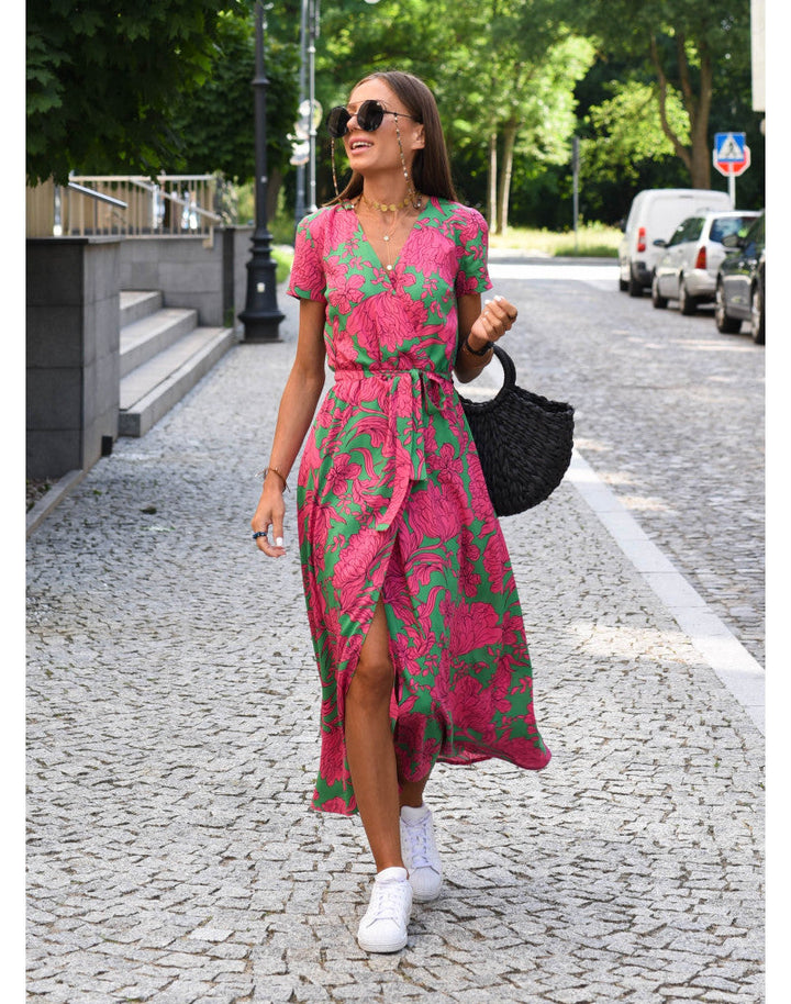 Rina™ - Abito con Stampa Floreale e Scollo a V a Maniche Corte