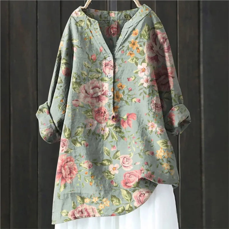 Elegante camicia floreale da donna con mezzo bottone e maniche lunghe - eleganza e fascino femminile