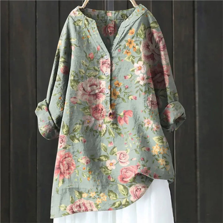 Elegante camicia floreale da donna con mezzo bottone e maniche lunghe - eleganza e fascino femminile