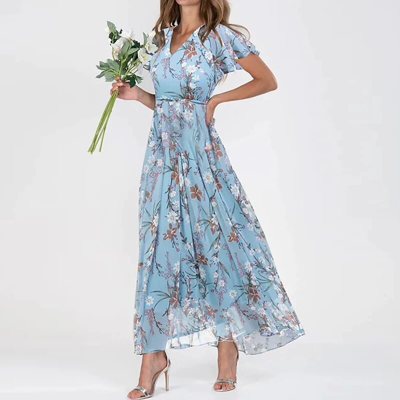 Vesna | Maxi-abito con Stampa Floreale e Seducente V-Scollo
