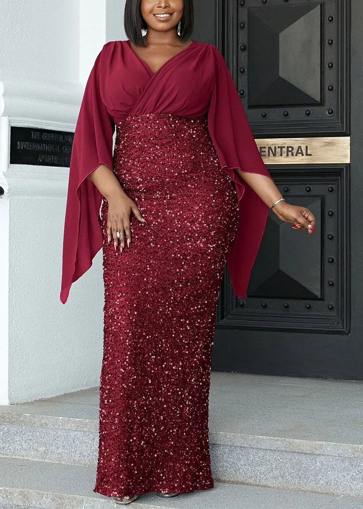 Veda - Elegante maxi jurk met stijlvolle gedrapeerde mouwen en sprankelende lovertjes