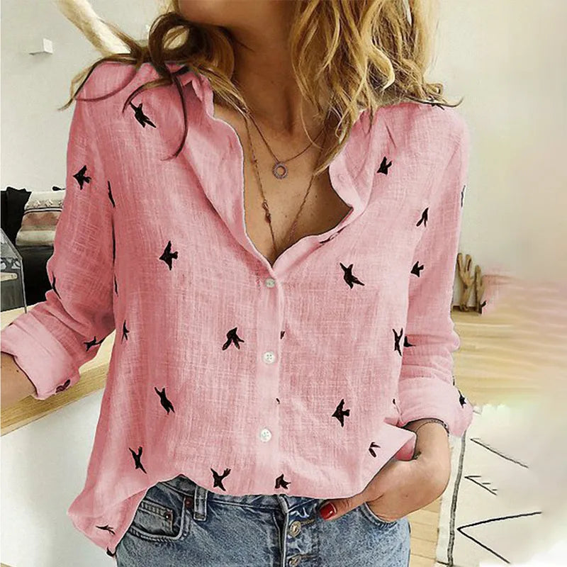 Elegante camicia da donna a maniche lunghe con design a uccello ed elegante chiusura a bottoni