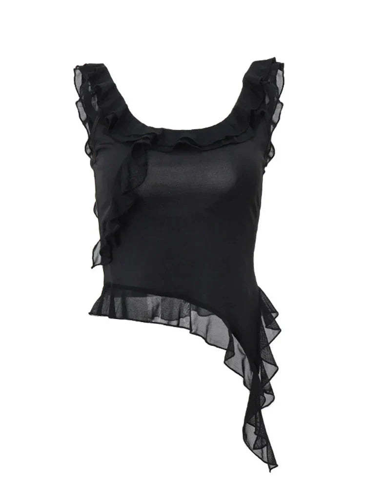 <div>Giliaan - Elegante Maglietta Nera con Affascinanti Volant</div>