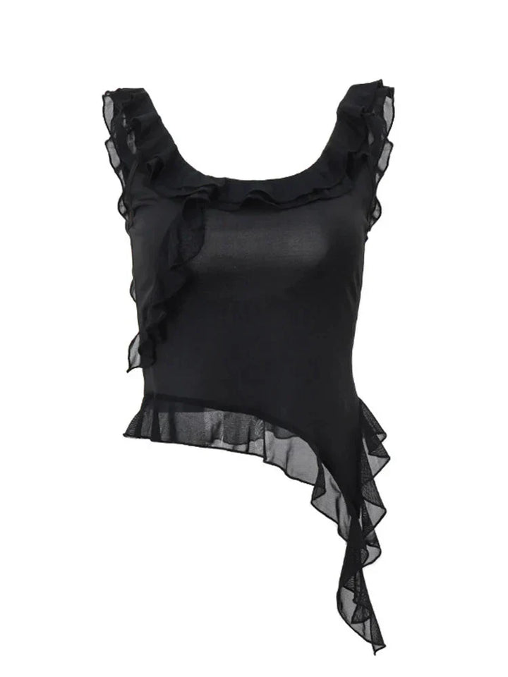 <div>Giliaan - Elegante Maglietta Nera con Affascinanti Volant</div>