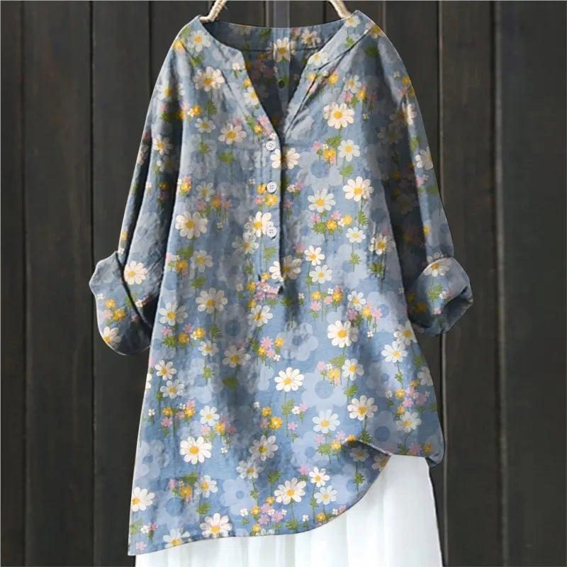 Elegante camicia floreale da donna con mezzo bottone e maniche lunghe - eleganza e fascino femminile