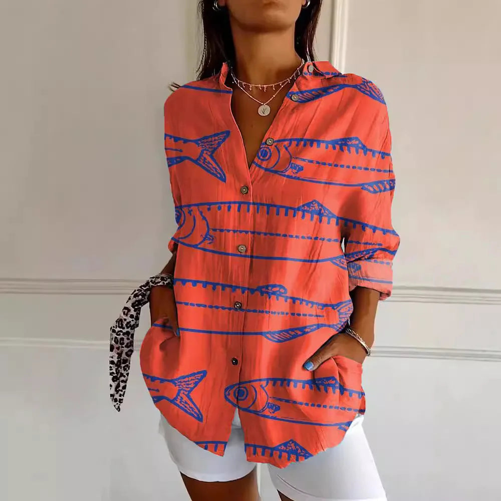 Elegante camicia da donna a maniche lunghe button-down con stampa alla moda