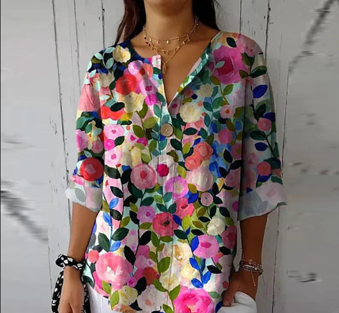 Elegante camicia da donna con bottoni floreali - eleganza e comfort per tutti i giorni