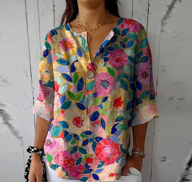 Elegante camicia da donna con bottoni floreali - eleganza e comfort per tutti i giorni