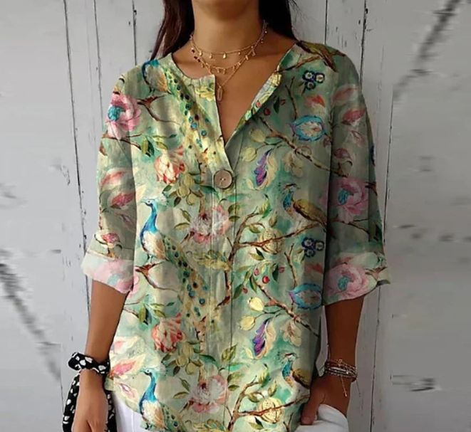 Elegante camicia da donna con bottoni floreali - eleganza e comfort per tutti i giorni