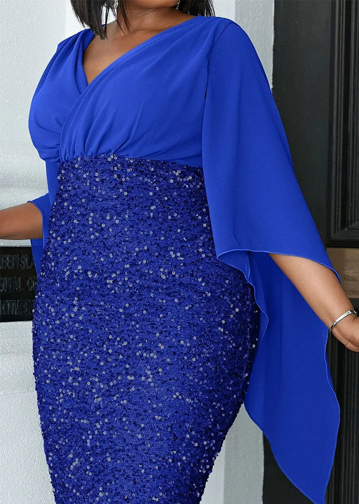 Veda - Elegante maxi jurk met stijlvolle gedrapeerde mouwen en sprankelende lovertjes