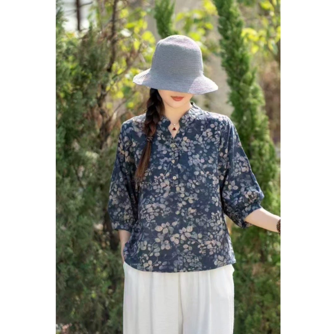 Esclusiva camicetta da donna a fantasia floreale retrò con comoda chiusura a bottoni - aggiunge eleganza al vostro look
