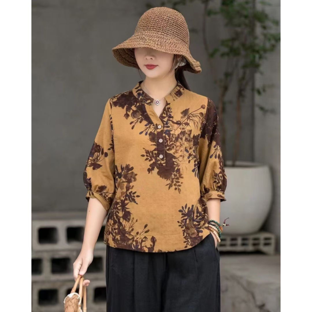 Esclusiva camicetta da donna a fantasia floreale retrò con comoda chiusura a bottoni - aggiunge eleganza al vostro look