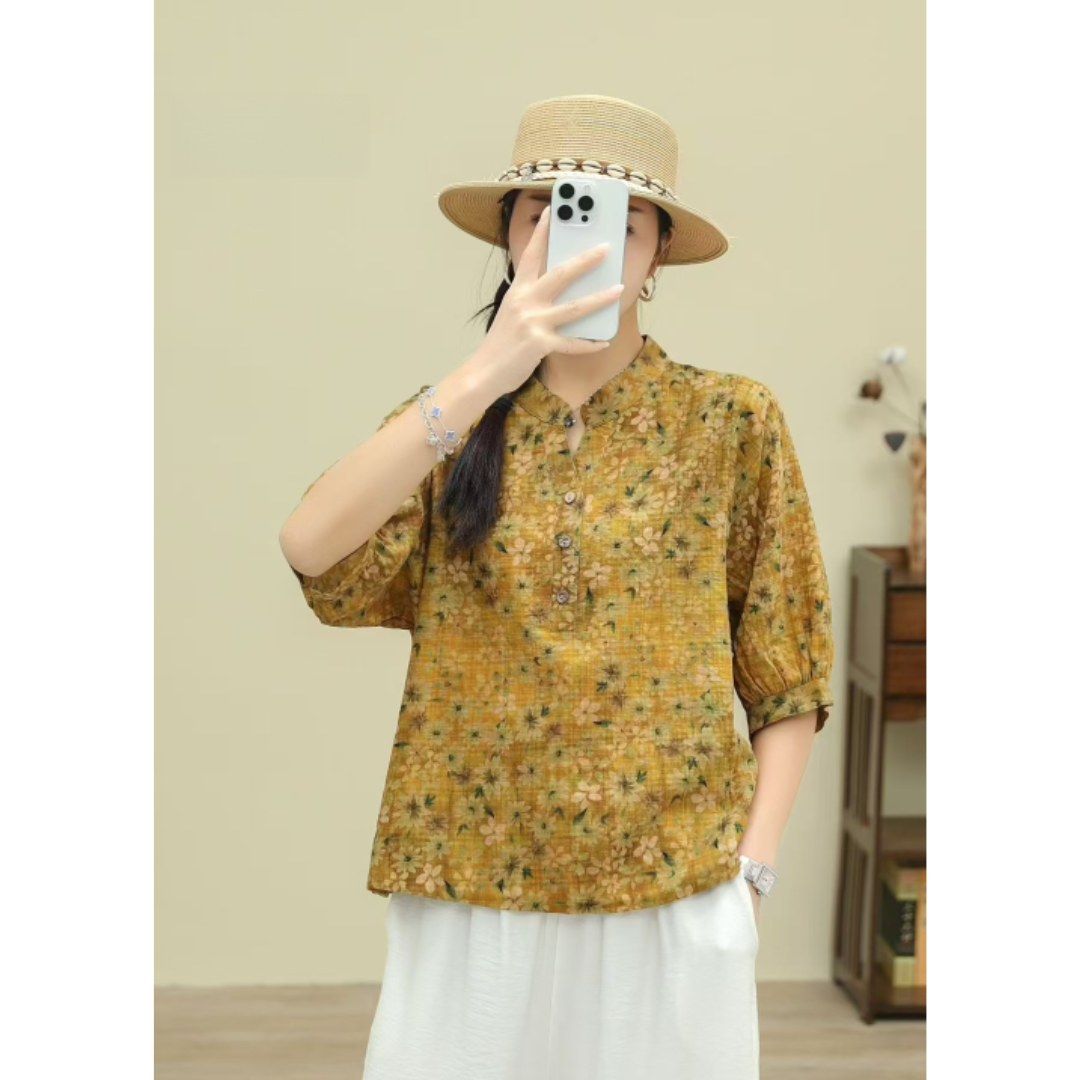 Esclusiva camicetta da donna a fantasia floreale retrò con comoda chiusura a bottoni - aggiunge eleganza al vostro look