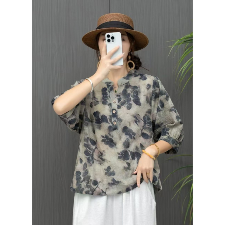Esclusiva camicetta da donna a fantasia floreale retrò con comoda chiusura a bottoni - aggiunge eleganza al vostro look
