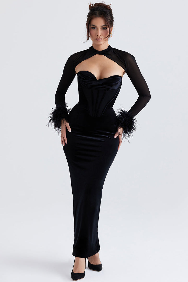 <html>Juliette - Elegante Maxi Vestito in Velluto Nero con Corsetto per un Look Incantevole</html>