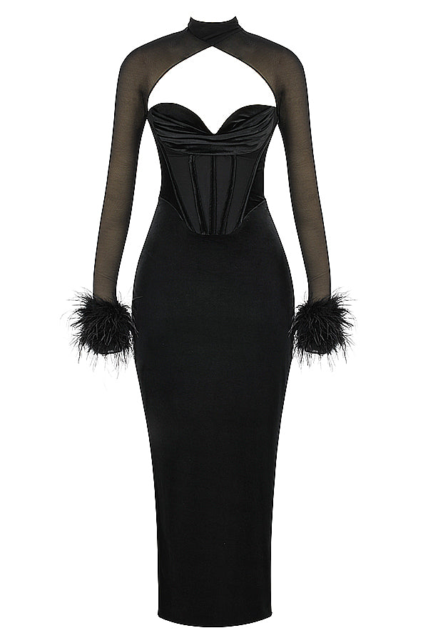 <html>Juliette - Elegante Maxi Vestito in Velluto Nero con Corsetto per un Look Incantevole</html>